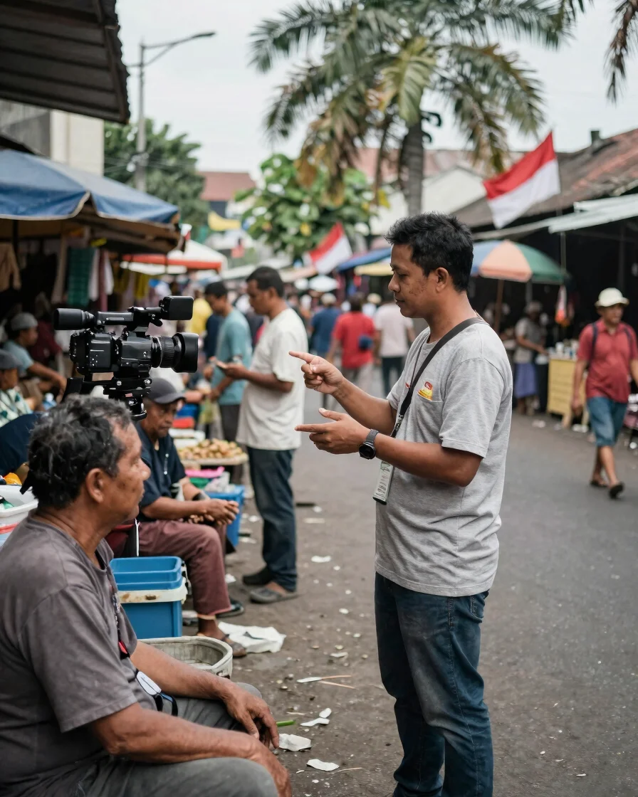 Editorial documentary photograph of a reporter in an Indonesian urban public space, interviewing a resident near a stree