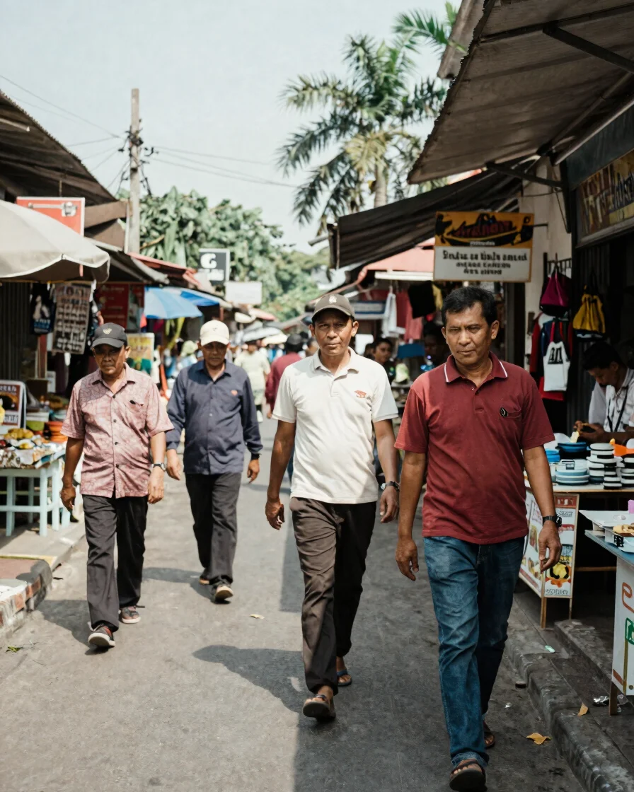 Suasana kota Indonesia pada siang hari, warga berjalan di trotoar